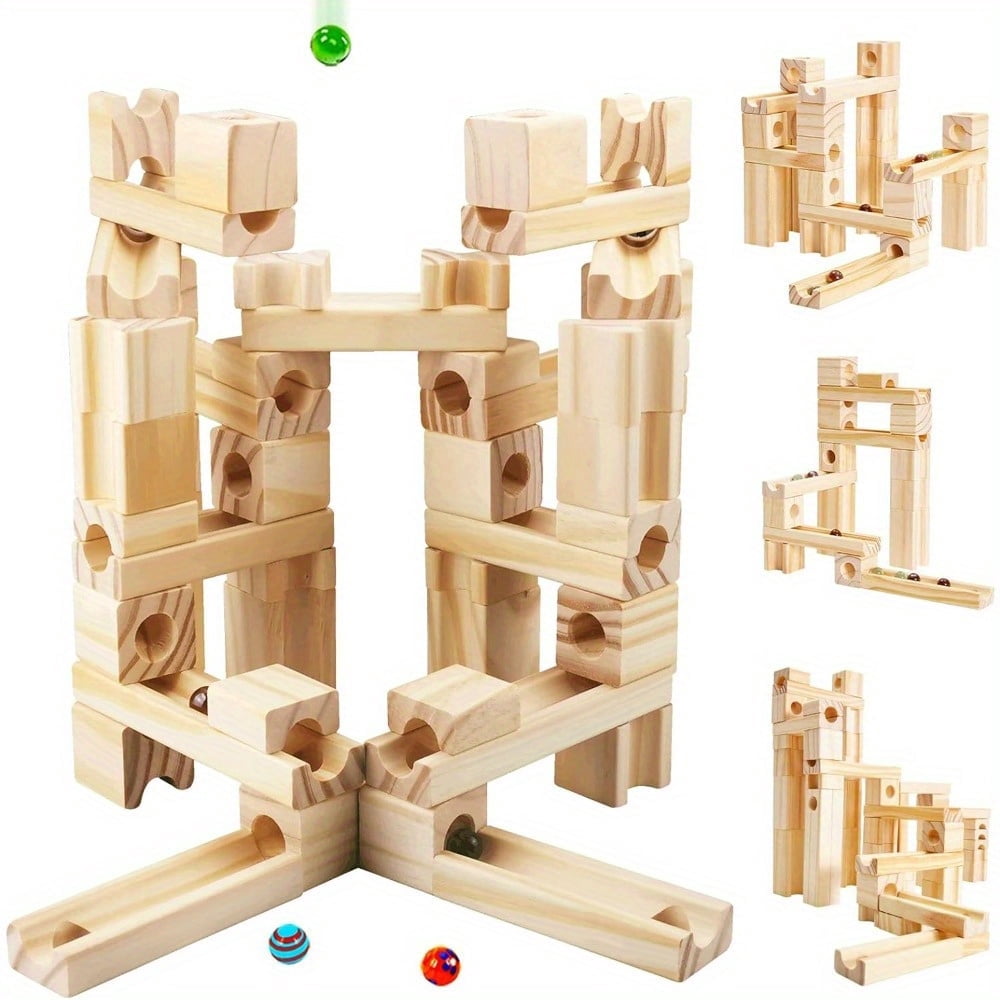 60Pcs Marble Run Wooden Run Kids 4 8 3 5 Track Maze Wood Bu…