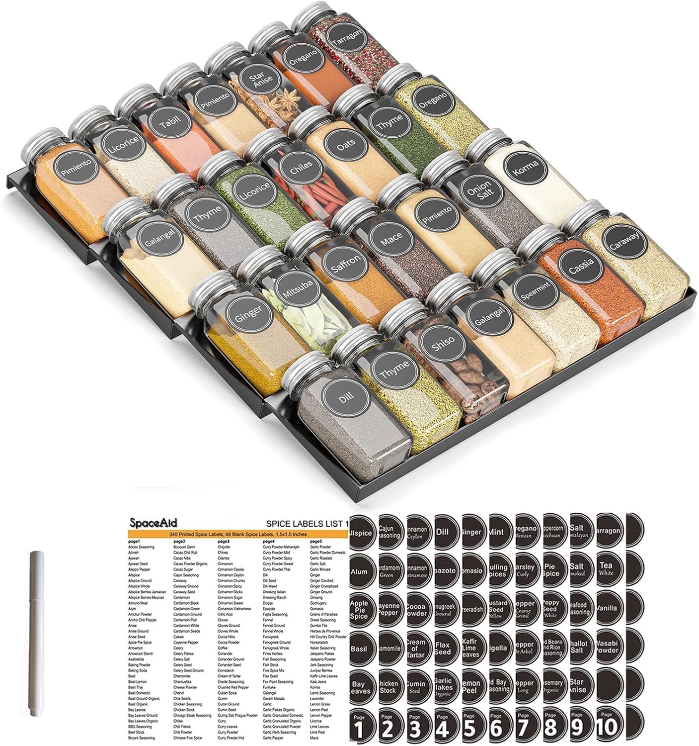 SpaceAid Spice Drawer Organizer with 28 Spice Jars, 4-Tier,…